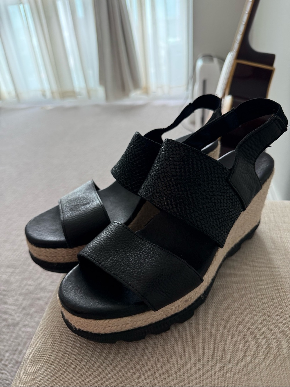 Sorel Black Leather Espadrille Platform Wedges